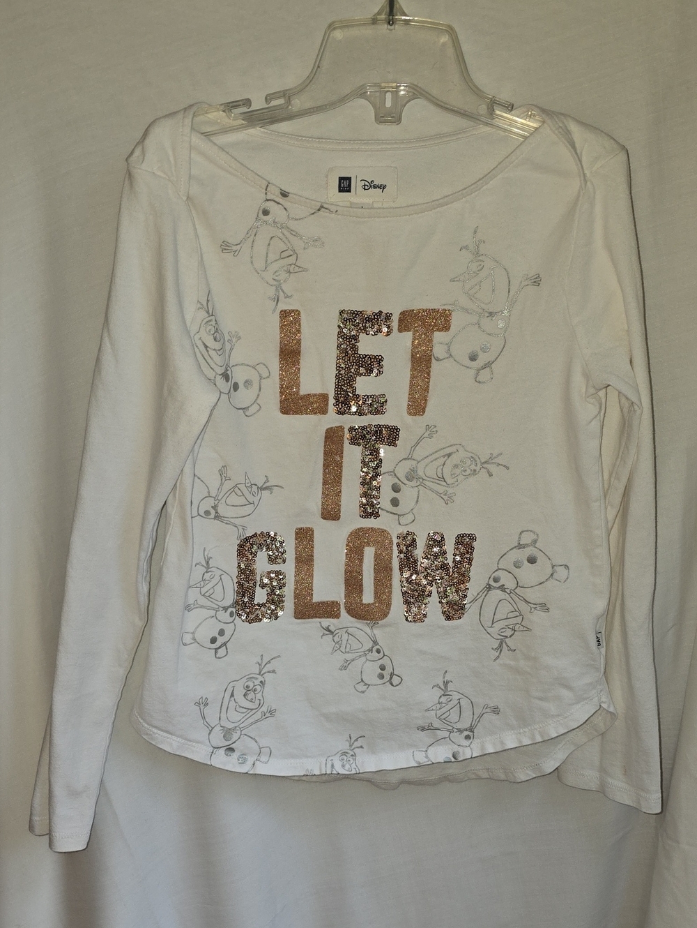 GAP Disney White Long-Sleeve Top with Rose Gold Glitter 'LET IT GLOW'